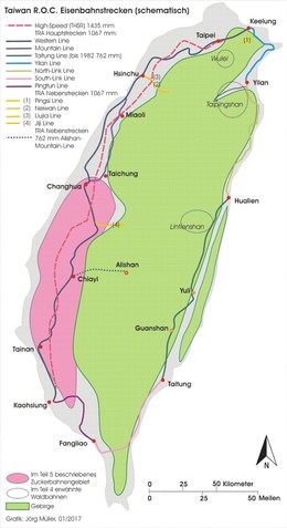 Karte Eisenbahnstrecken in Taiwan, R.O.C., schematisch (mit Darstellung des Gebiets der Zuckerbahnen)