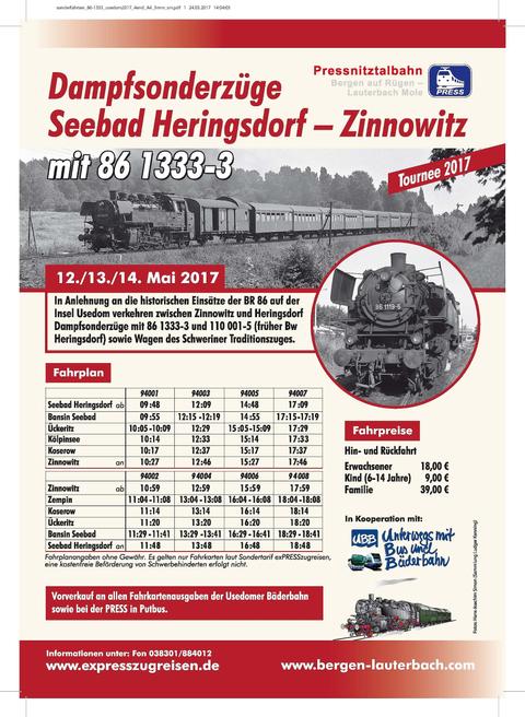 Veranstaltungsankündigung „Dampfsonderzüge Seebad Heringsdorf - Zinnowitz mit 86 1333-3“