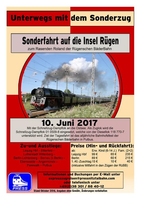 Veranstaltungsankündigung „Sonderfahrt auf die Insel Rügen“ am 10. Juni 2017