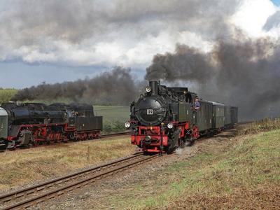 Die als Lok 12 „Patriot“ beschilderte 99 1787-3 aus Zittau war am 2. Oktober 2016 anlässlich des 25. Vereinsjubiläums der Mansfelder Bergwerksbahn e. V. mit einem Museumszug bei Klostermansfeld unterwegs, als sie ein von 50 3648-8 nachgeschobener Personenzug überholte.