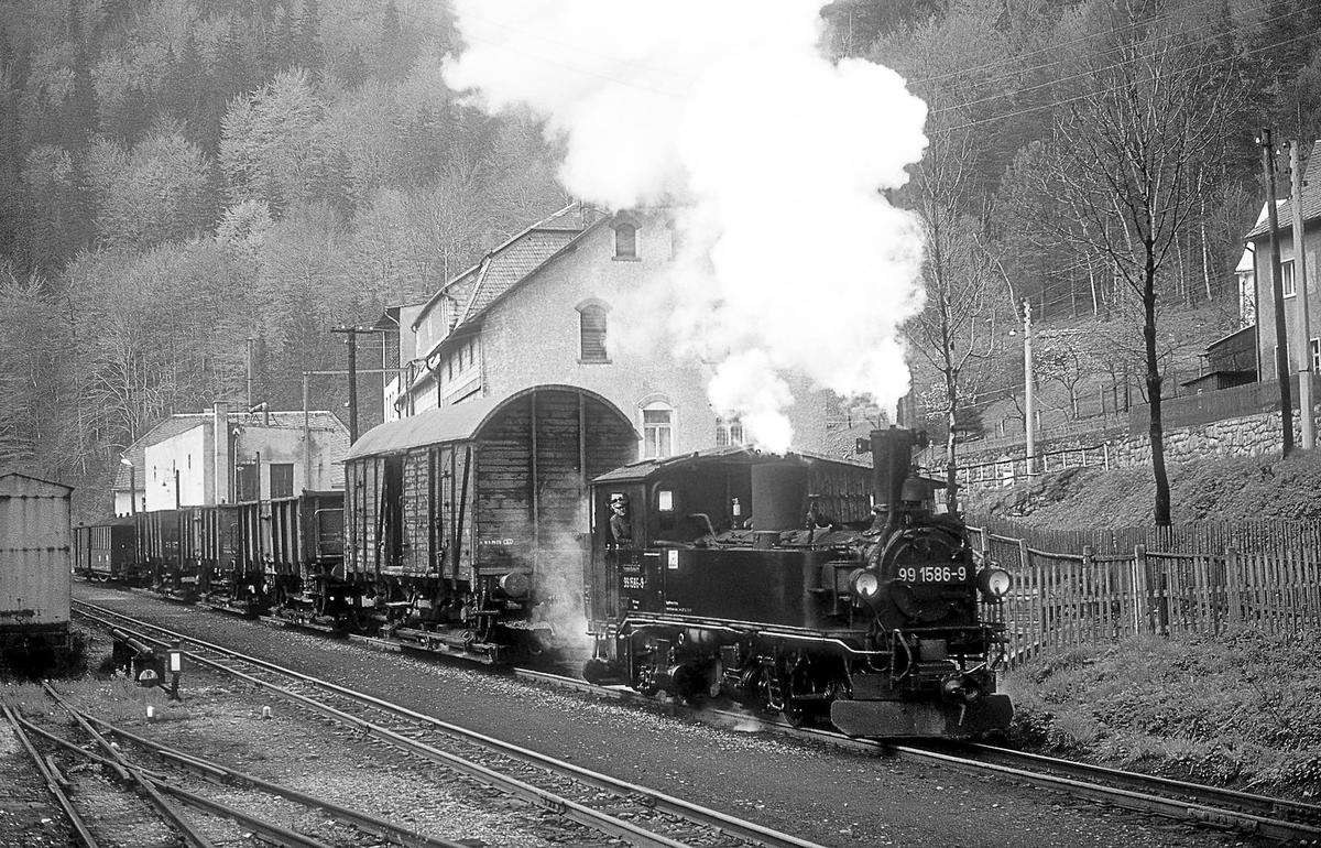 Diese Aufnahme soll an die Bedeutung der alten Preßnitztalbahn für den Güterverkehr erinnern. Am 15. Mai 1978 hatte 99 1586-9 diesen Güterzug nach Niederschmiedeberg gebracht.