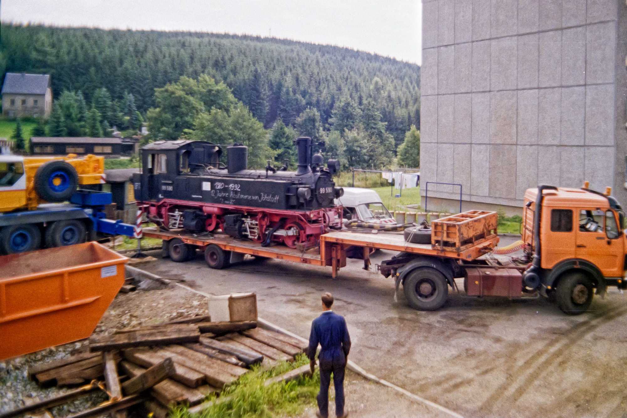 Ankunft der Lok am 20. August 1992 in Jöhstadt.