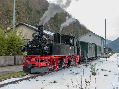 Die IV K 99 1542-2 der Preßnitztalbahn zu Gast für Probefahrten auf der Ybbstalbahn-Bergstrecke in Niederösterreich, hier aufgenommen am Bahnhof Kiemberg-Gaming.
