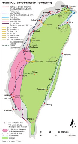 Karte der Eisenbahnstrecken der Republik China auf Taiwan (schematisch)