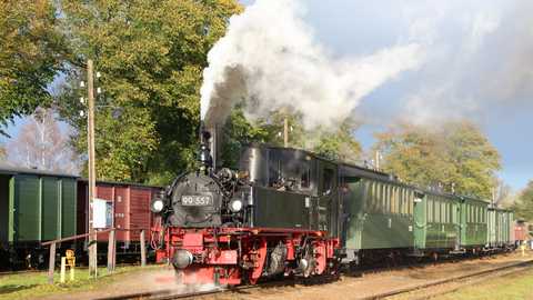 Am 29. Oktober 2017 verließ die als 99 557 beschilderte Gastlok 99 1590-1 aus Jöhstadt mit einem originalen Pollo-Wagen-Zug den Bahnhof Mesendorf in Richtung Lindenberg.