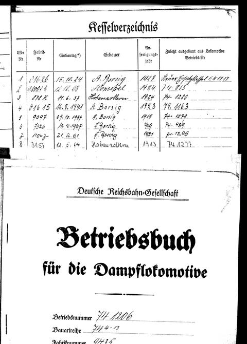 Das Kesselverzeichnis von 74 1206 belegt die Verwendung des später in Niederschmiedeberg genutzten Dampferzeugers von 1941 bis 1954 auf einer anderen Lok der preußischen Gattung T12.