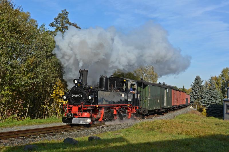 Fast noch knackig grün war es am 24. Oktober 2015 in Steinbach, als IV K 99 1590-1 mit einem Güterzug aus Richtung Wolkenstein einfuhr – Rainer Steger war bei dieser privaten Fotoveranstaltung im Preßnitztal dabei.