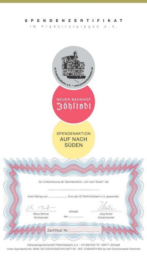 Faksimile des Spendenzertifikates, welches in Farbdruck und mit namentlicher Nennung des Spenders ausgestellt wird.