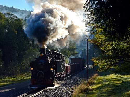 „Güterzüge auf schmaler Spur wie in den 1960er Jahren“ gab es am 2. Oktober 2015 im Preßnitztal zu sehen und zu hören. Gezoge wurde dieser Zug von der sächsischen VI K 99 715, die Rainer Steger am Morgen kurz hinter Schmalzgrube ablichtete.