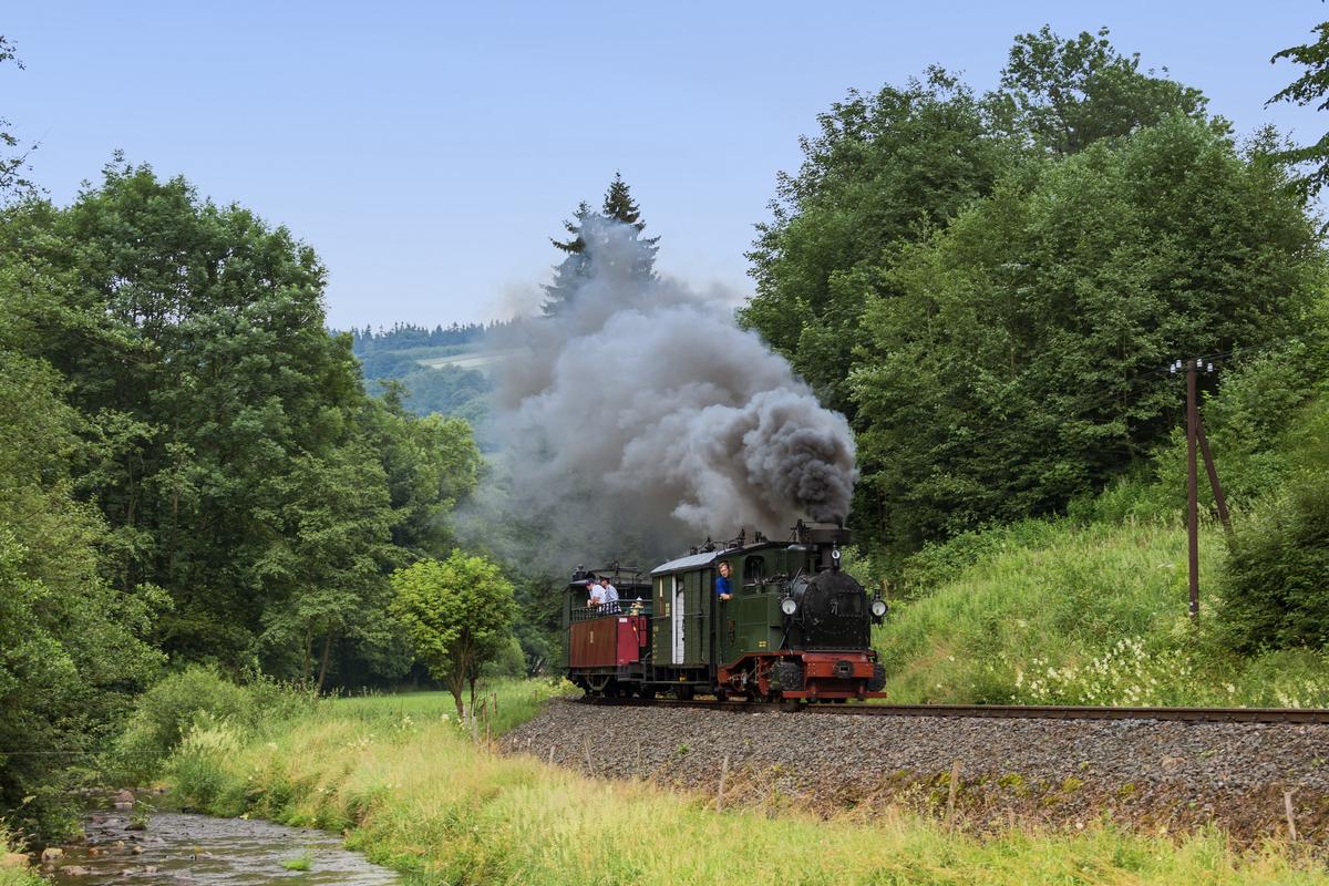 Den letzten Zug des letzten Einsatzwochenendes unter Betreiberverantwortung der IG Preßnitztalbahn e.V. mit der I K Nr. 54 fotografierte Armin-Peter Heinze in der Nähe des Haltepunktes Wildbach.