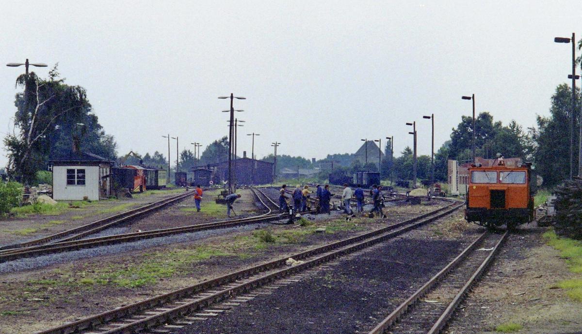 Blick über den Bahnhof Mügeln mit Gleisbauarbeiten, rechts daneben ein Skl GKW-MUV 69/750.