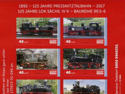 Briefmarkenblock „1892 - 125 Jahre Preßnitztalbahn - 2017 / 125 Jahre Lok Sächs. IV K - Baureihe 99.5-6