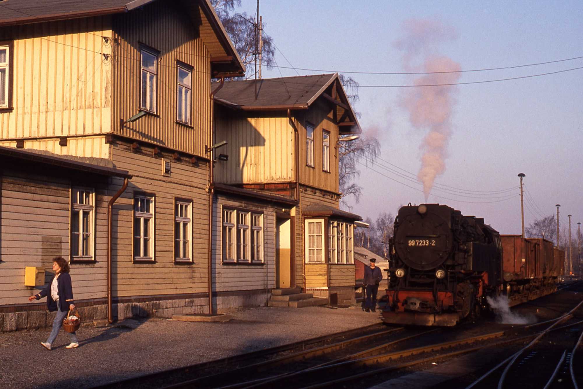 99 7233-2 erreicht mit ihrem Güterzug in den letzten Strahlen der Abendsonne am 16. März 1990 den Bahnhof von Hasselfelde.