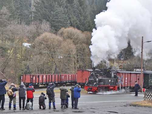 Viel Dampf machte 99 4511-4 mit ihrem Güterzug beim Überqueren des Bahnübergangs in Schlössel für die Spalier stehenden Fotografen.