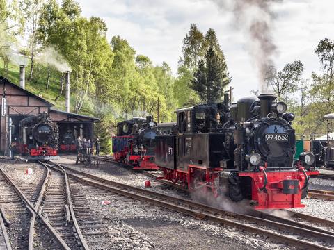Gar nicht so einfach war es, alle fünf Lokomotiven, die zum Pfingstfest 2015 auf der Preßnitztalbahn im Einsatz standen, gleichzeitig aufs Bild zu bekommen. Nur am Morgen konnte dieses Vorhaben im Bahnhof Jöhstadt gelingen.