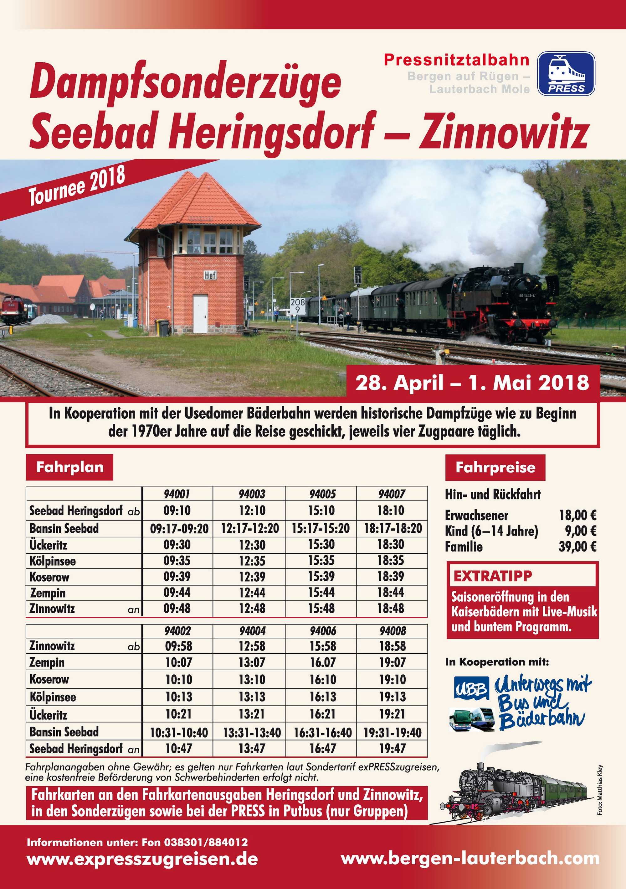 Veranstaltungsankündigung Dampfsonderzüge Seebad Heringsdorf - Zinnowitz | 28. April - 1. Mai 2018