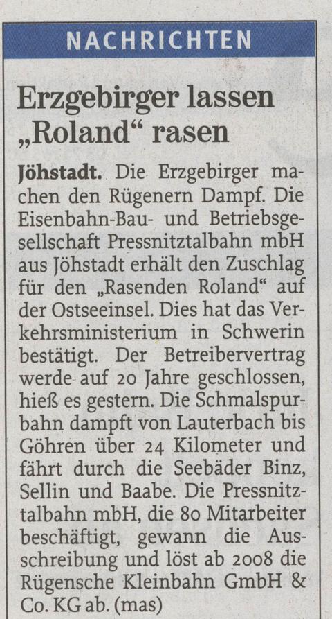 Ausschnitt einer Mitteilung in der Ausgabe „Annaberger Zeitung“ der Freien Presse vom 8. Dezember 2007 über den Zuschlag an die PRESS für den Betrieb des „Rasenden Roland“ auf der Insel Rügen.