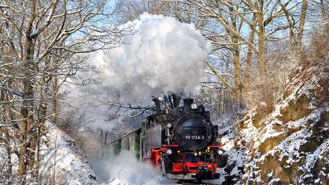 Am 26. Januar beobachtete Joachim Jehmlich diesen Zug mit 99 1734-5 auf der Weißeritztalbahn zwischen Seifersdorf und Malter an einem der in diesem Winter bisher seltenen Schneetage.