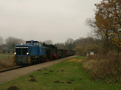 Mit der V51 an der Spitze erfolgte die Rücküberführung der Fahrzeuge in einem bunt gemischten Zug vom „Fan-Wochenende“ nach Putbus.