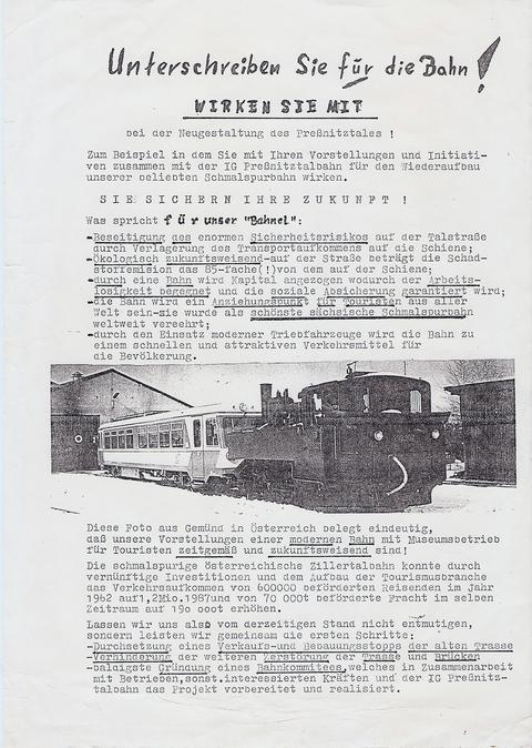 Flugblatt der IG Preßnitztalbahn - mit dem in Zittau für einen Neuanfang als Museumsbahn geworben wurde.