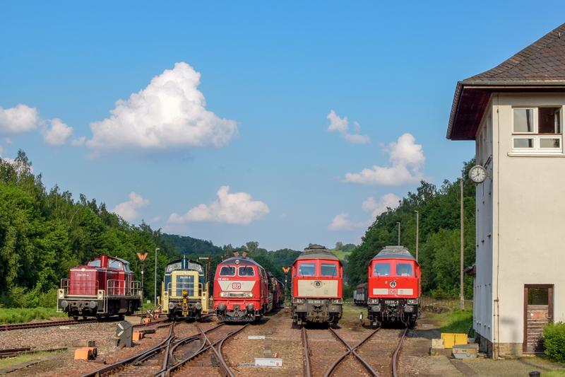 Bei einer speziellen Fotostunde konnten am 12. Mai im Rahmen der 26. Schwarzenberger Eisenbahntage diese fünf Diesellokomotiven nebeneinander abgelichtet werden – v. l. n. r.: 290 371-4 von DB Cargo, 294 615-0 und 218 402-6 von Railsystems RP sowie 232 909-2 und 233 511-5 von DB Cargo.