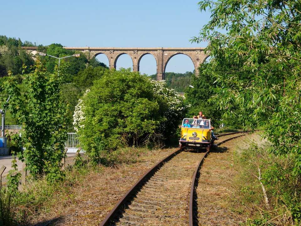 Bei den Schienentrabifahrten auf der Muldentalbahn am Pfingstmontag entstand diese Aufnahme mit dem Göhrener Viadukt im Hintergrund.