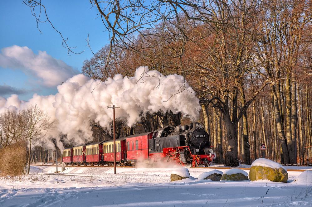 Nach mehreren Jahren gab es Anfang März 2018 wieder einmal Schnee und dazu für mehrere Tage Sonnenschein, Fotografen nutzten dies ausgiebig. Hier fährt 99  2321-0 mit ihrem Zug am 2. März kurz vor Bad Doberan.