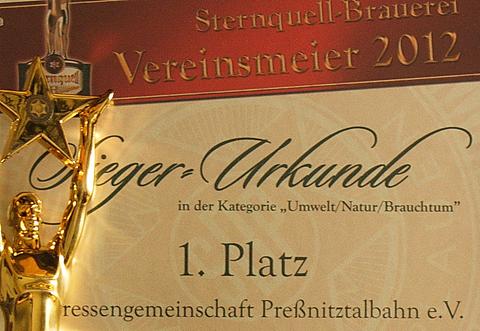 Ausschnitt aus der Urkunde zum „Sternquell Vereinsmeier 2012“ der Sternquell-Brauerei Plauen.