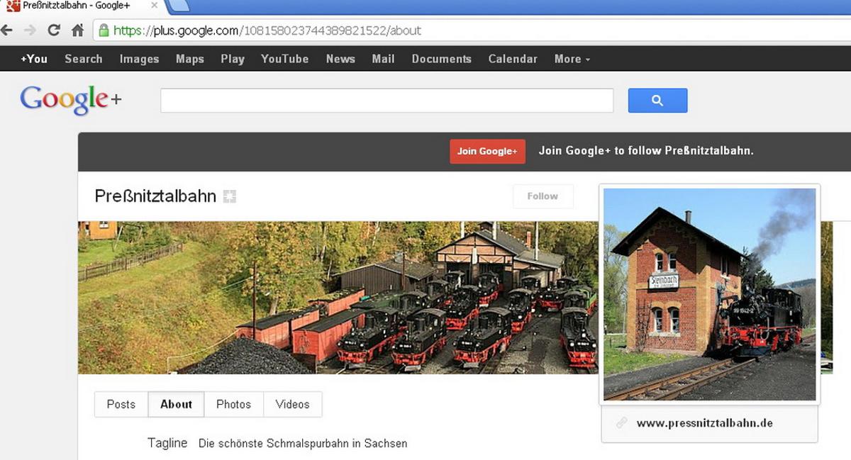 Startseite der Google+ Präsenz der Preßnitztalbahn am 1. Juni 2012