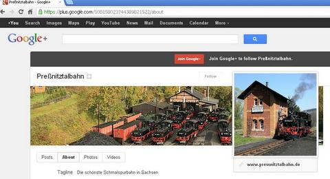 Startseite der Google+ Präsenz der Preßnitztalbahn am 1. Juni 2012