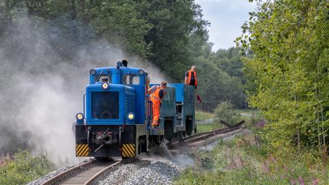 Beim Gleisbau am 22. Juli 2018 gab es die ersten Zugfahrten am km 23,26 seit 1972.