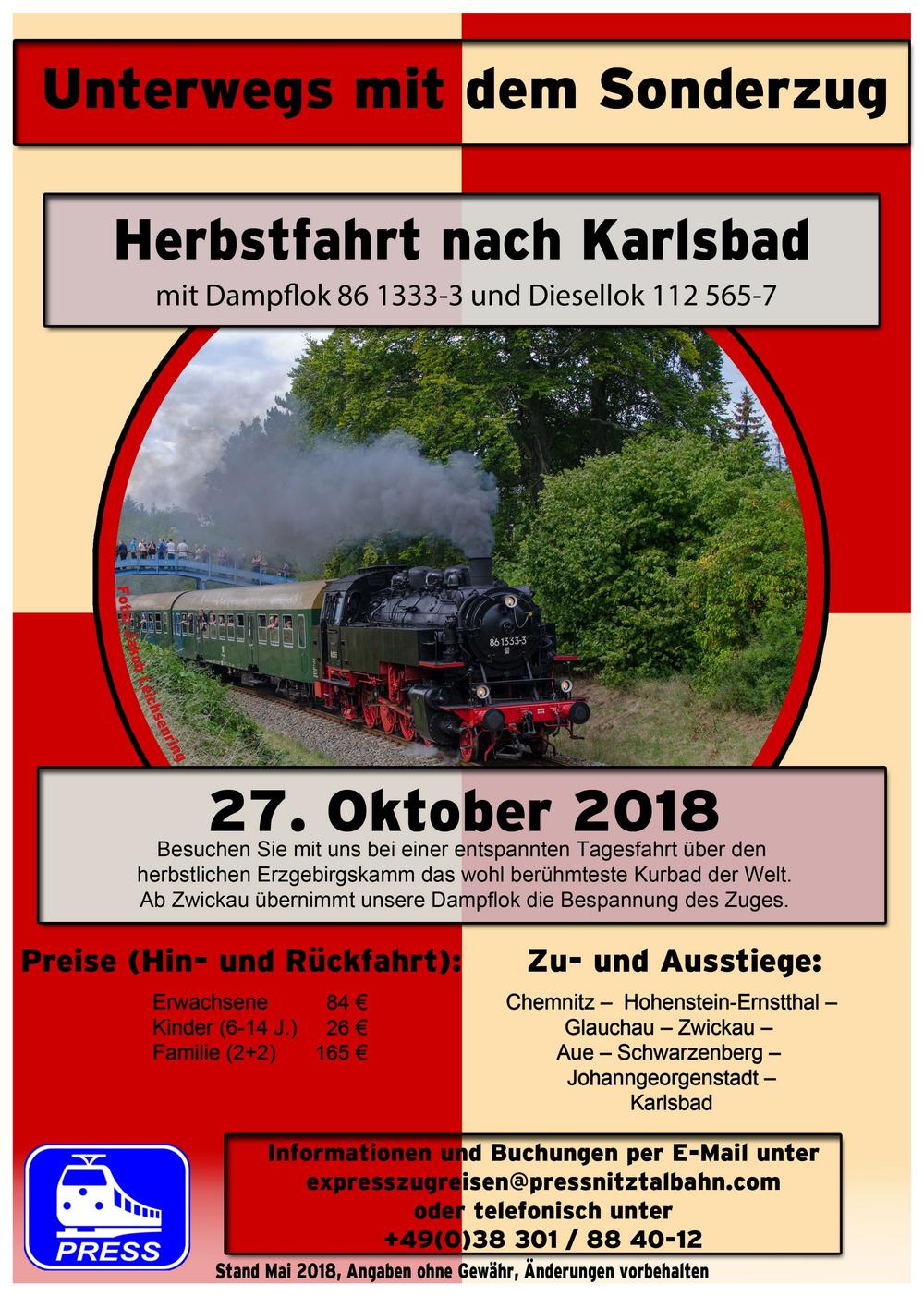 Veranstaltungsankündigung Herbstfahrt nach Karlsbad mit Dampflok 86 1333-3 und Diesellok 112 565-7 am 27. Oktober 2018