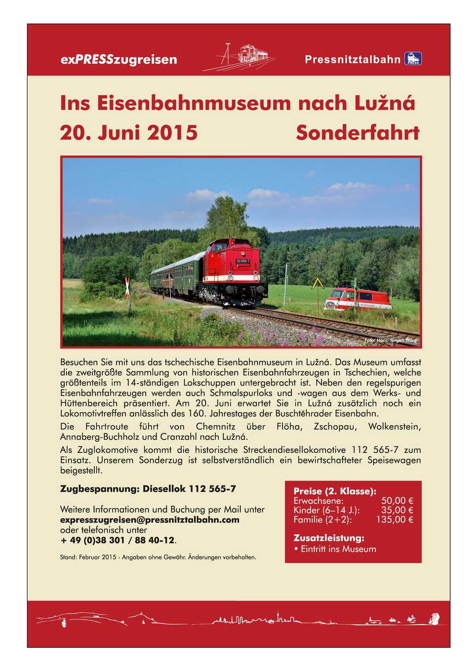 Veranstaltungsankündigung Sonderfahrt ins Eisenbahnmuseum nach Luzna