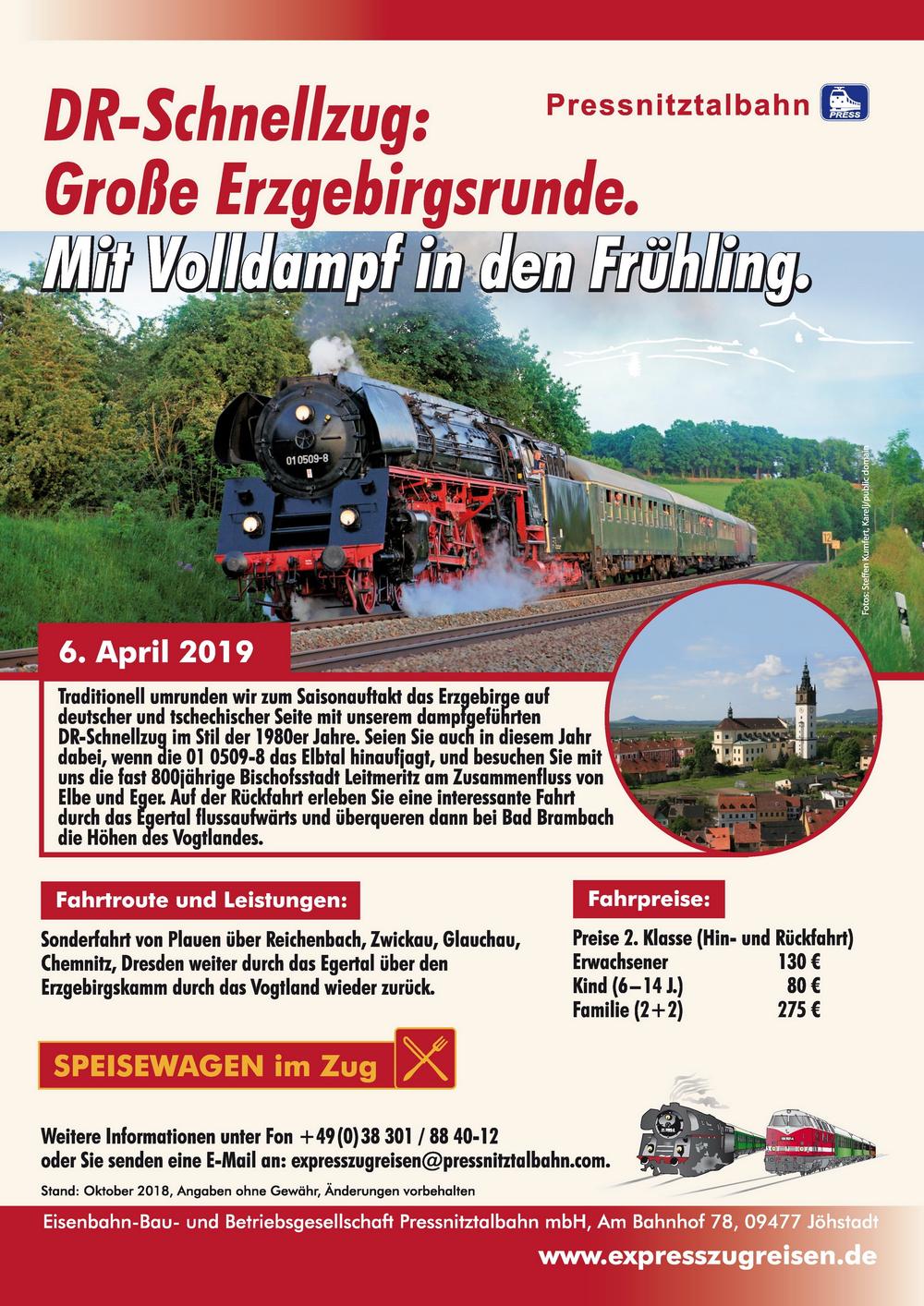 Veranstaltungsankündigung: 6. April 2019: DR-Schnellzug: Große Erzgebirgsrunde. Mit Volldampf in den Frühling