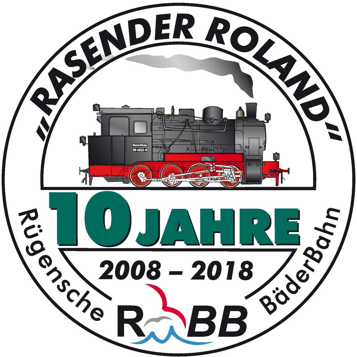 Logo "10 Jahre Rügensche BäderBahn 2008-2018"