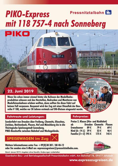 Veranstaltungsankündigung für 22. Juni 2019: PIKO-Express mit 118 757-4 nach Sonneberg