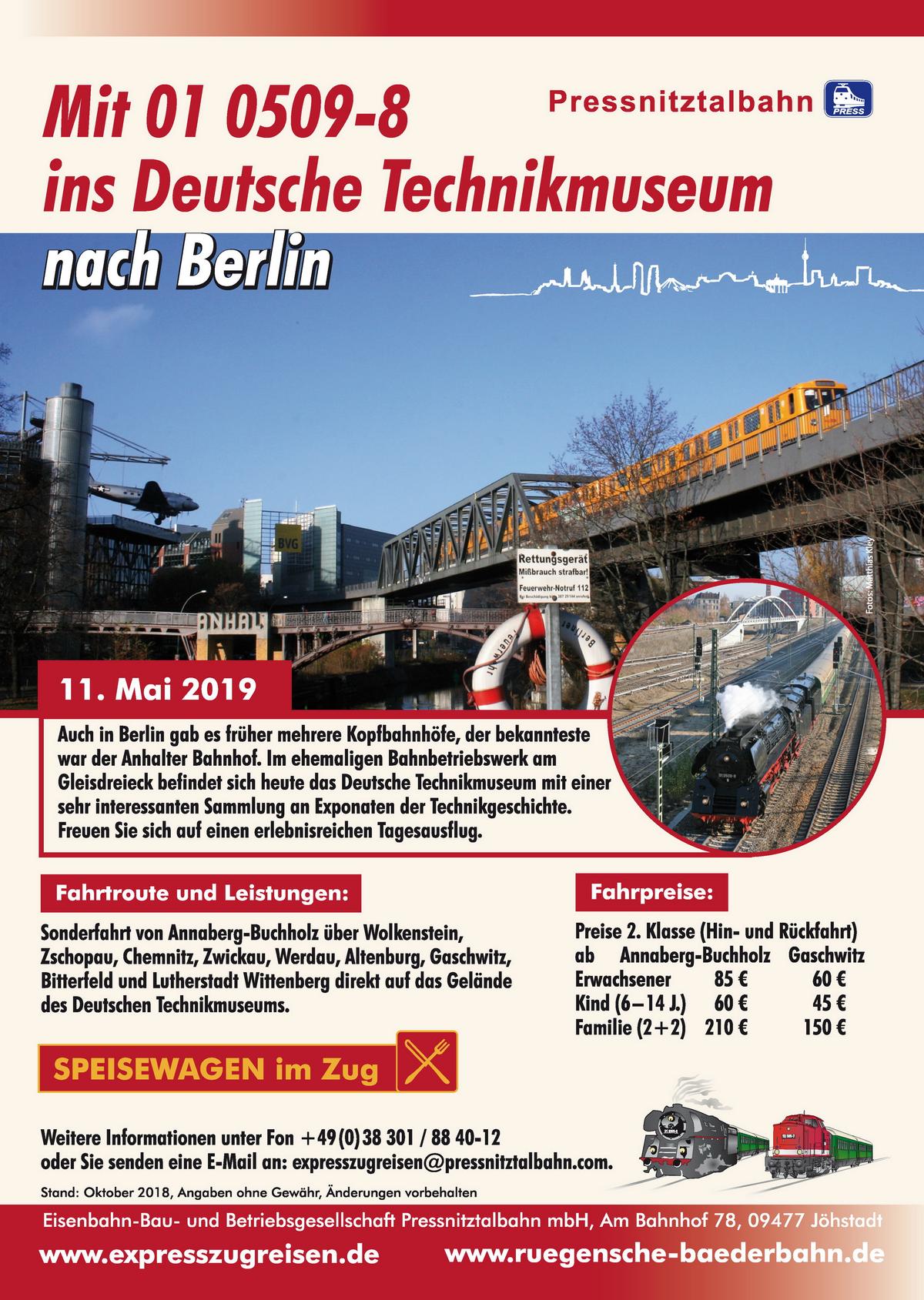 Veranstaltungsankündigung für den 11. Mai 2019: Mit 01 0509-8 ins Deutsche Technikmuseum nach Berlin
