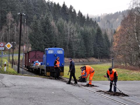 Beim Arbeitseinsatz am 10. November gehörte das Reinigen der Spurrillen am Bahnübergang Grumbacher Straße zu den Aufgaben.
