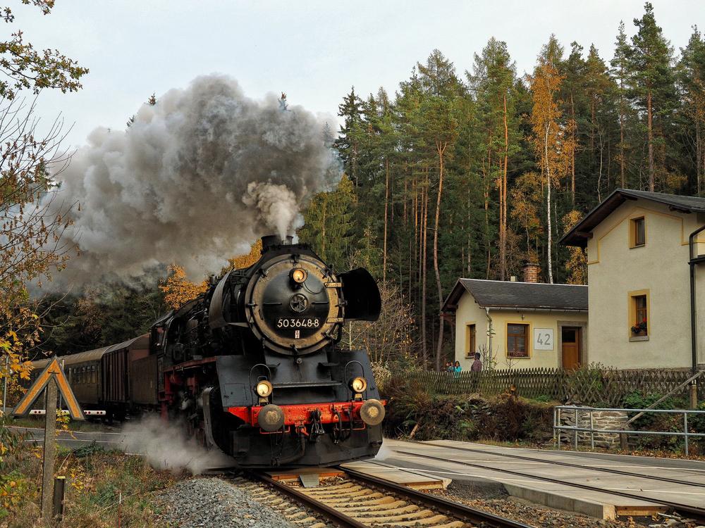 Die 50 3648-8 befand sich am 20. Oktober bei Bad Brambach mit einem SEM-Sonderzug auf der Rückfahrt nach Chemnitz.