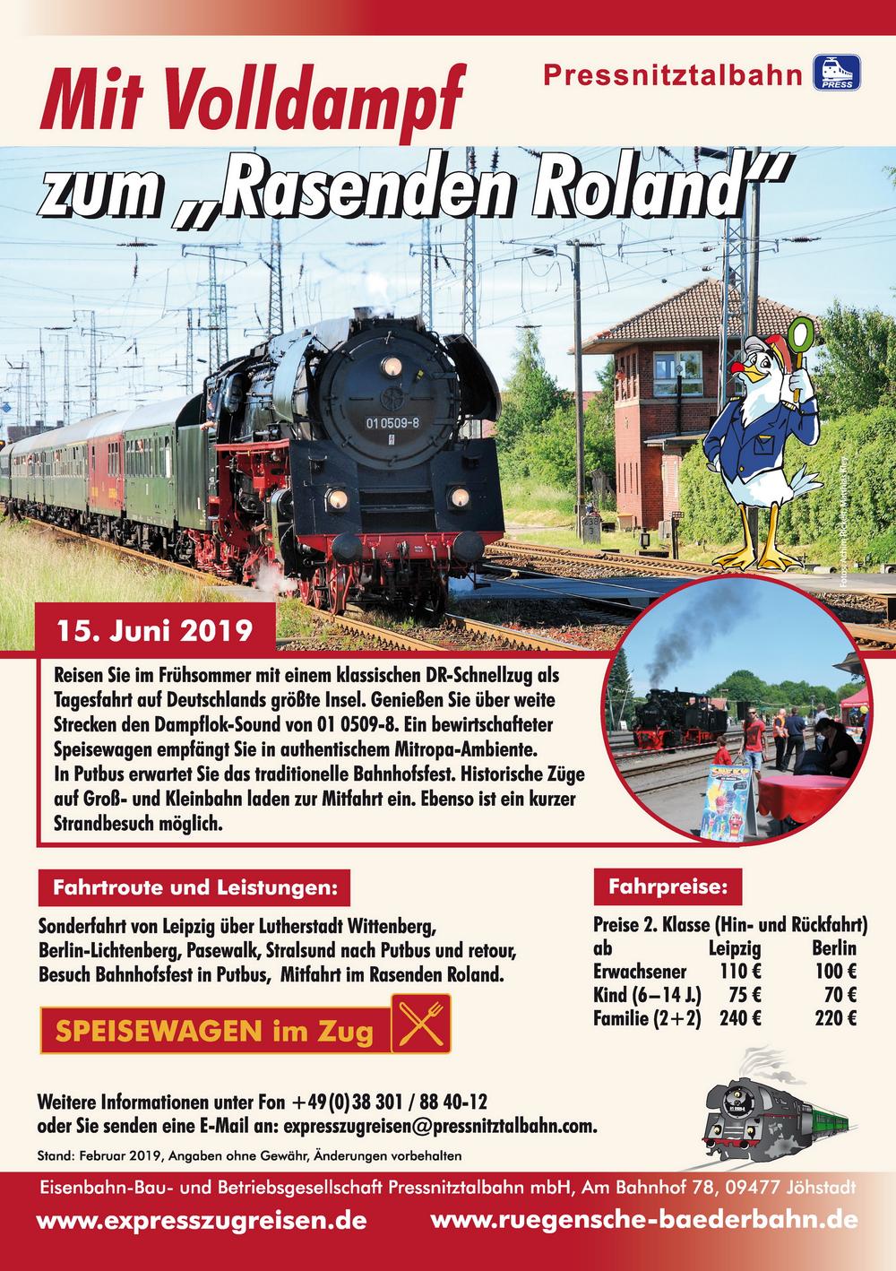 Veranstaltungsankündigung 15. Juni 2019: Mit Volldampf zum „Rasenden Roland“ von Leipzig über Berlin nach Putbus und zurück mit 01 0509-8