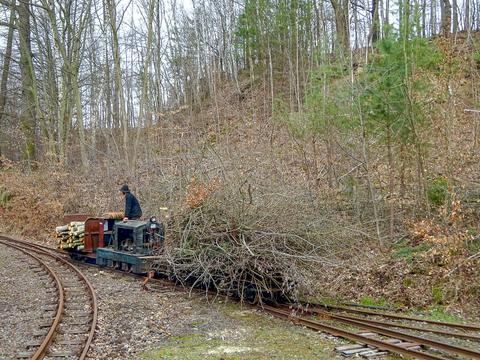 Auf dem Gelände des Feldbahnmuseums in der Herrenleite wird Holz natürlich per Eisenbahn transportiert.