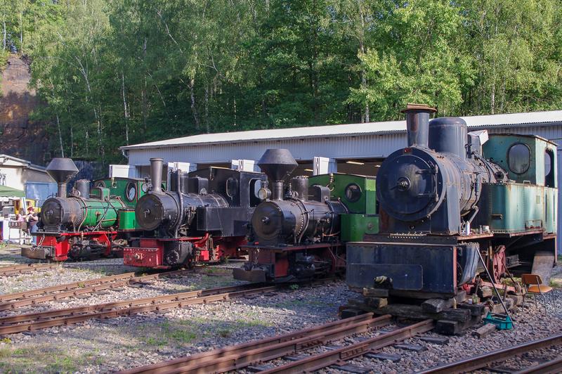 Am 26. August 2018 stand die Krauss-Lok 7790 ganz links noch als Gastlok in der Herrenleite. Inzwischen befindet sie sich als Dauerleihgabe in der Obhut der HFD. Zweite Lok von rechts ist die Krauss-7789.
