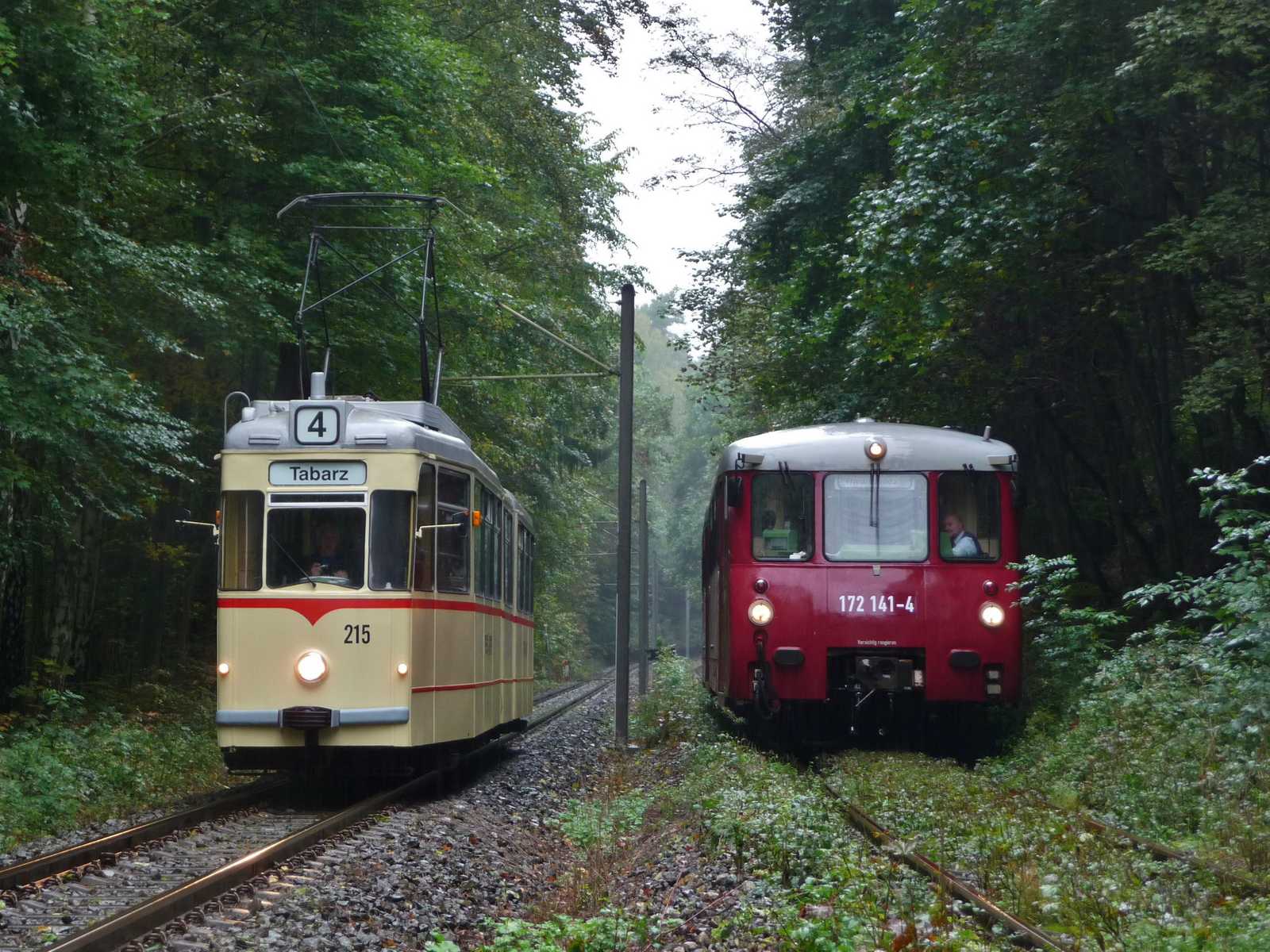 Epochegerecht war der Fotohalt des Tw 215 (Gotha 1967, Gelenkwagen vom Typ G4), als die Schienenbuseinheit als Regionalbahn nach Friedrichroda in den Haltepunkt Reinhardsbrunn-Friedrichroda einfuhr.