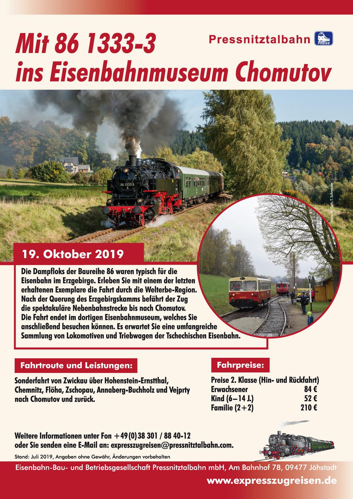 Veranstaltungsankündigung 19. Oktober 2019: Mit 86 1333-3 ins Eisenbahnmuseum Chomutiv