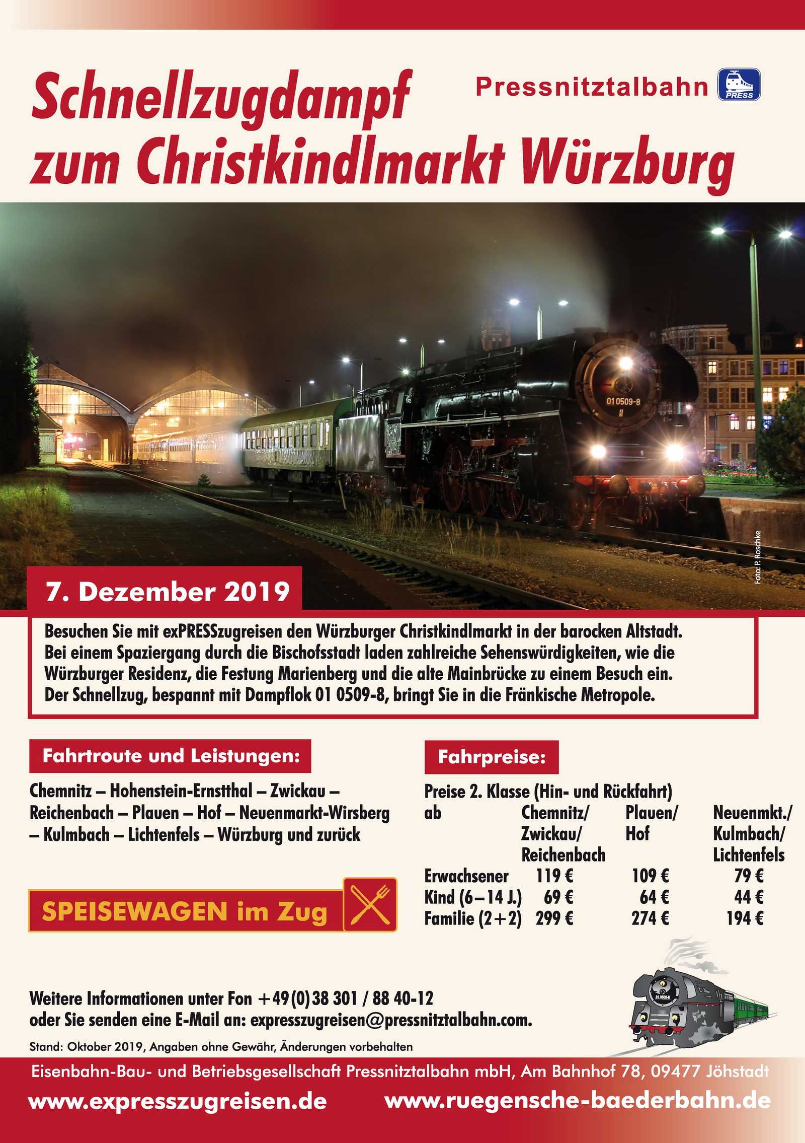 Veranstaltungsankündigung 7. Dezember 2019: Schnellzugdampf zum Christkindlmarkt Würzburg