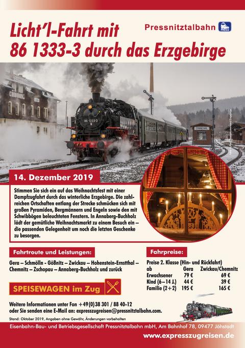 Veranstaltungsankündigung: 14. Dezember 2019: Licht`l-Fahrt mit 86 1333-3 durch das Erzgebirge
