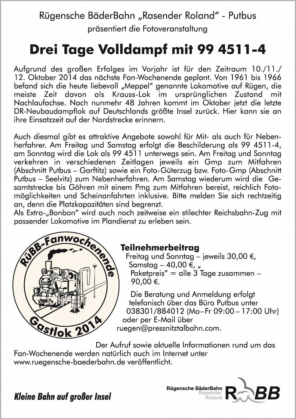 Veranstaltungsankündigung: 10.-12. Oktober 2014: Drei Tage Volldampf mit 99 4511-4 auf der Rügenschen BäderBahn