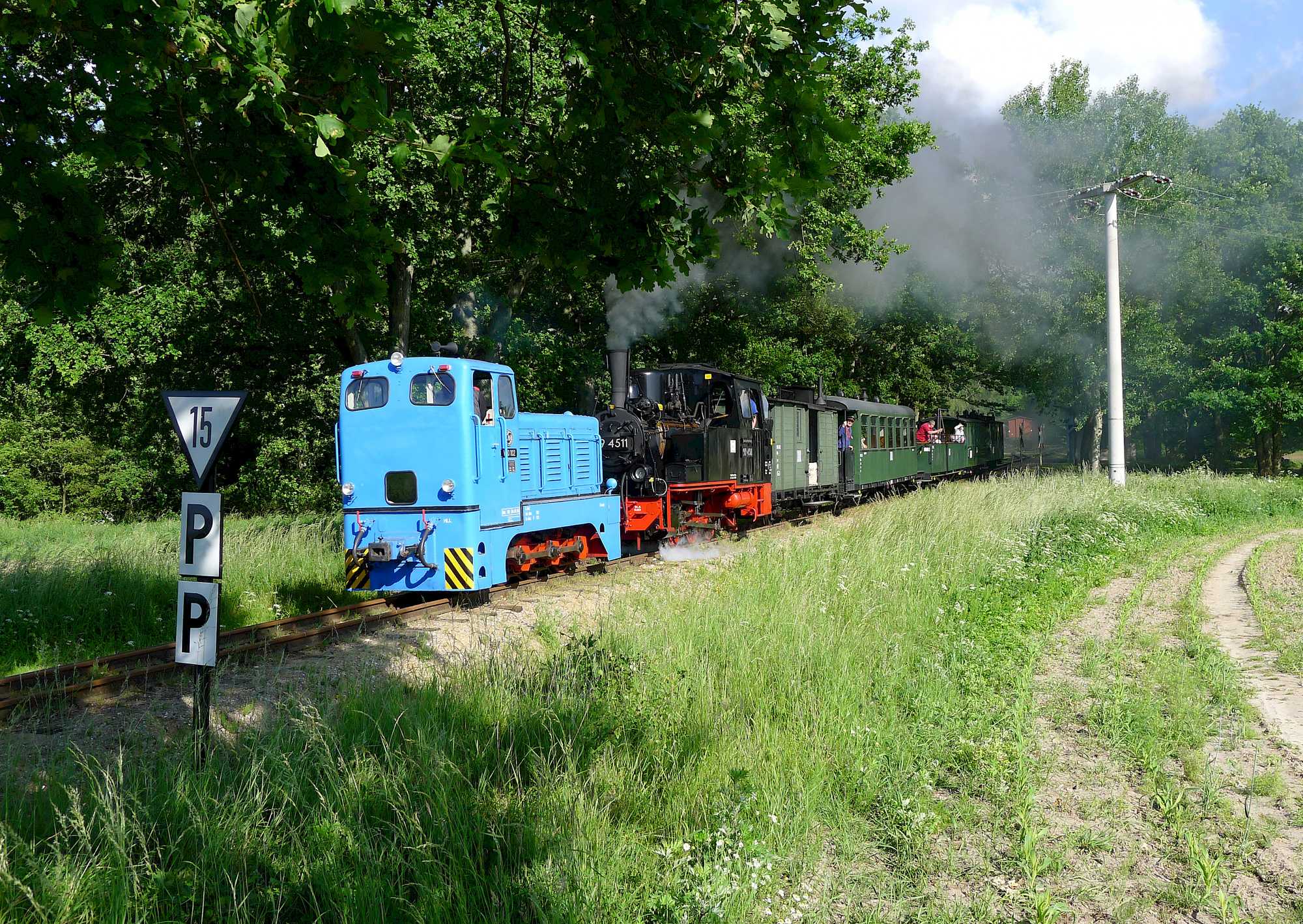 In der anschließenden „Dampfwoche um Himmelfahrt“ leistete die Diesellok V10 102 am 31. Mai 2014 der Dampflok 99 4511 Vorspann, hier bei der Ausfahrt Brünkendorf.