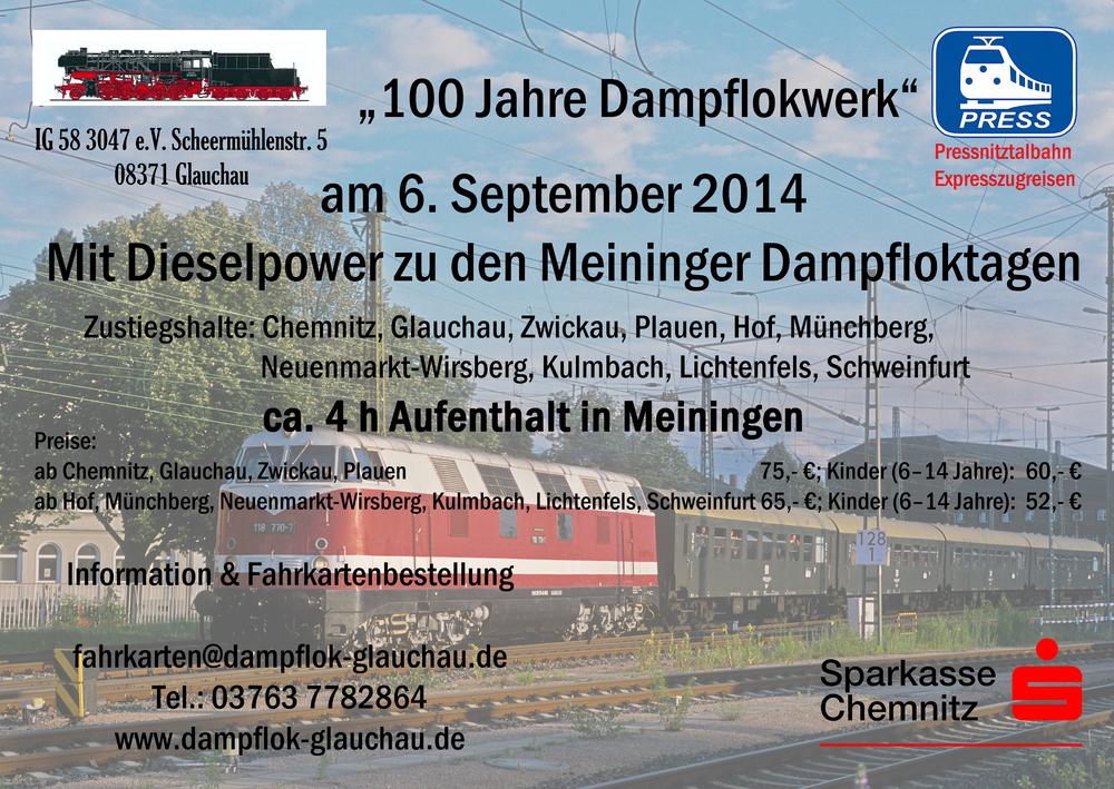 Veranstaltungsankündigung: 6. September 2014: „100 Jahre Dampflokwerk“ - Mit Dieselpower zu den Meininger-Dampfloktagen