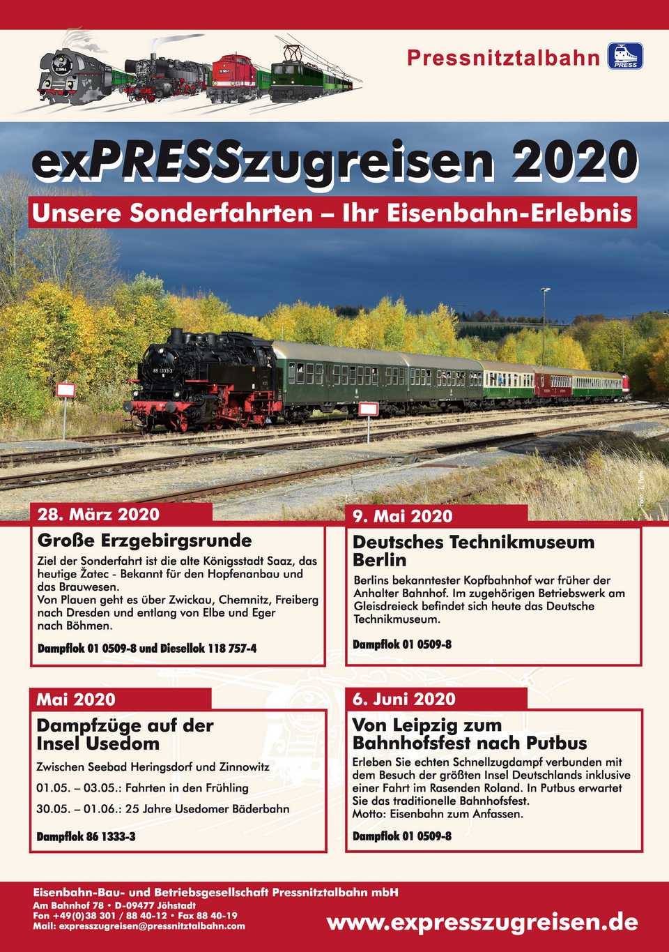 Veranstaltungsankündigung: exPRESSzugreisen 2020 - Unsere Sonderfahrten - Ihr Eisenbahn-Erlebnis